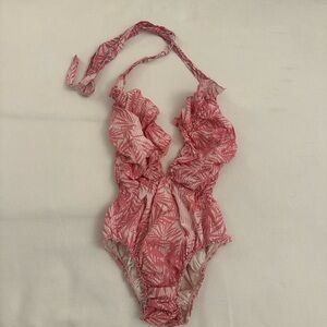Pink Leaf Print Swimsuit